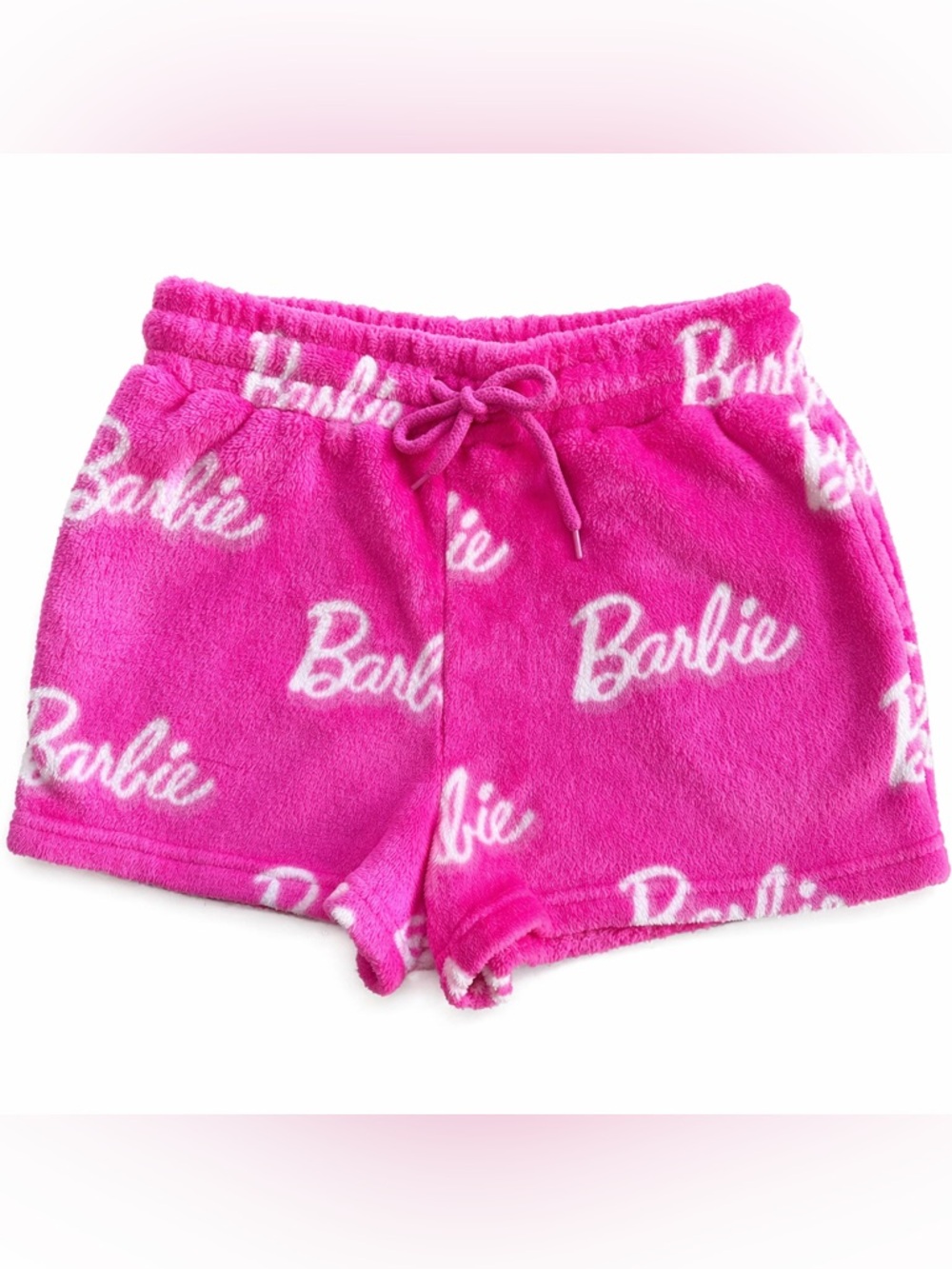 BARBIE Plush Lounge Shorts Pink Logo Fleece Pajama Sleep Shorts Size Small